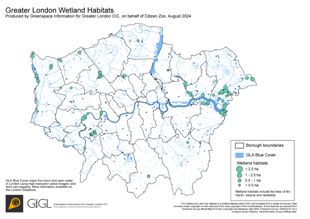 Preliminary habitat mapping by GiGL shows areas of potential habitat with high potential suitability for white storks across the different London boroughs.