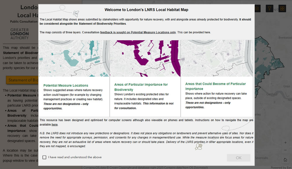 The welcome screen of London’s LNRS Local Habitat Map showing previews of three map layers, with information about the layers, the consultation, and LNRS.
