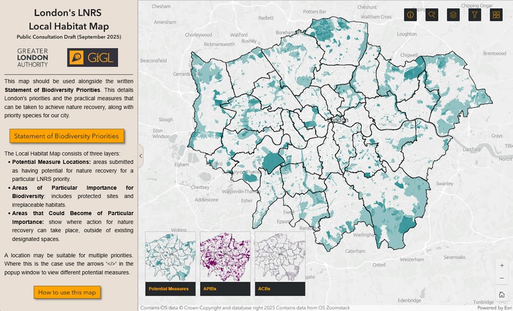 The main opening page of London’s LNRS Local Habitat Map showing an interactive map with tools to view habitat information and explore map features.