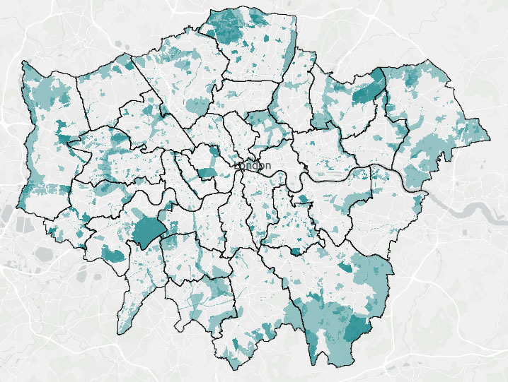 Main view of the online map showing London with the potential measures locations layer, without any additional information displayed.