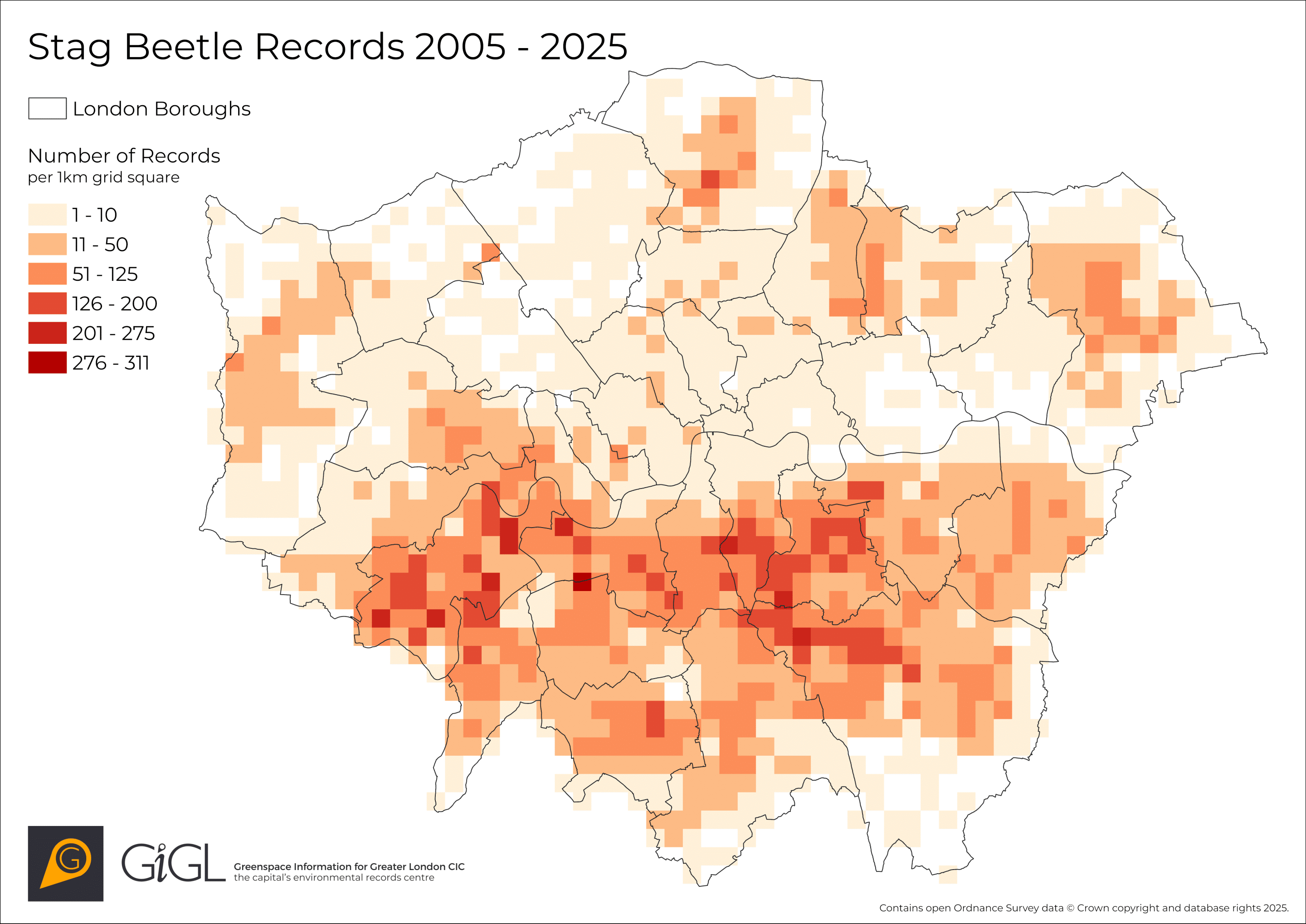 A map of London showing the number of stag beetle records received by GiGL, graduated by colour per 1km grid square. Data is from 2005 to 2025 and shows increases in records, especially in the South.