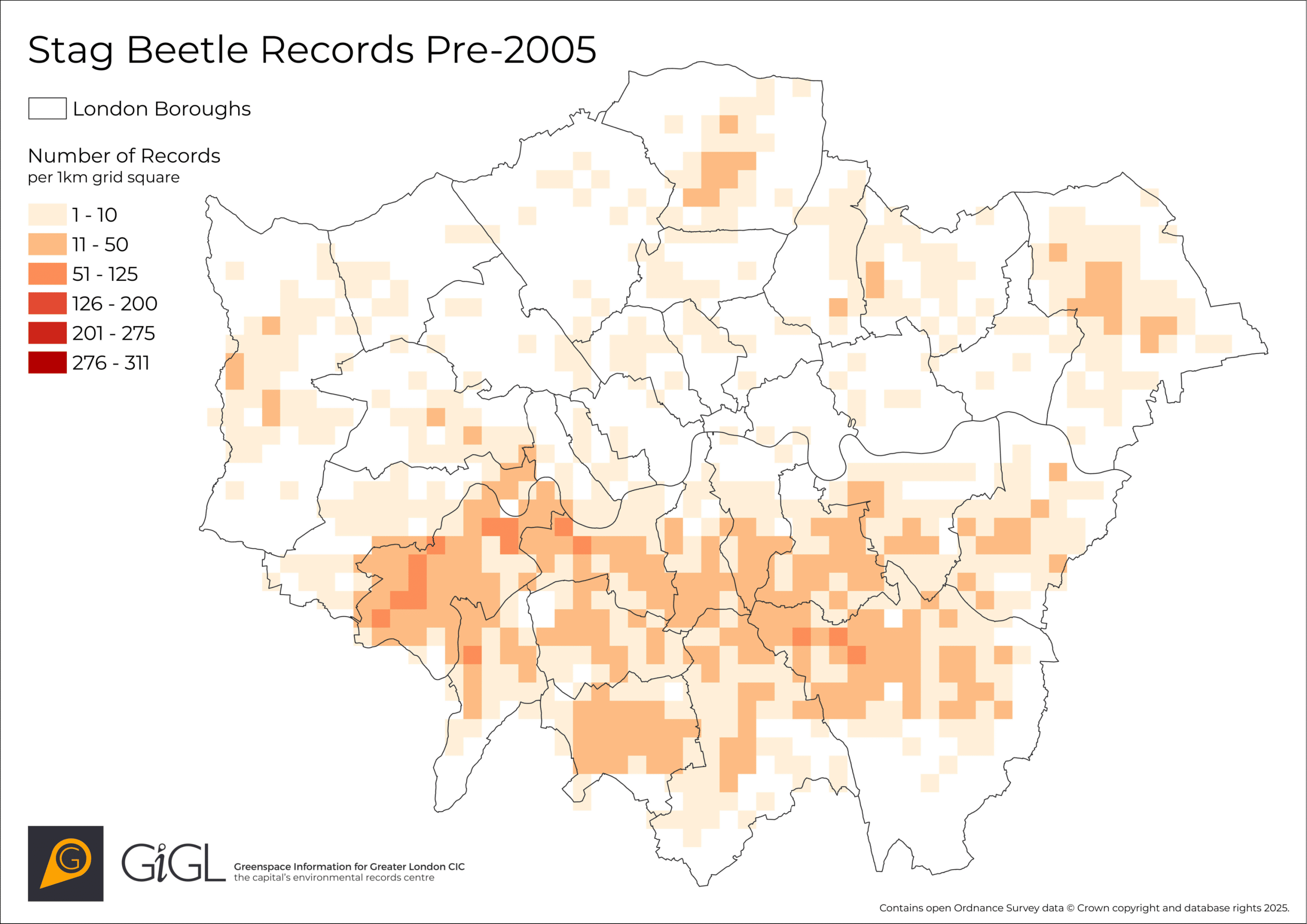 A map of London showing the number of stag beetle records received by GiGL, graduated by colour per 1km grid square. Data is from before 2005 and shows more records in the South.