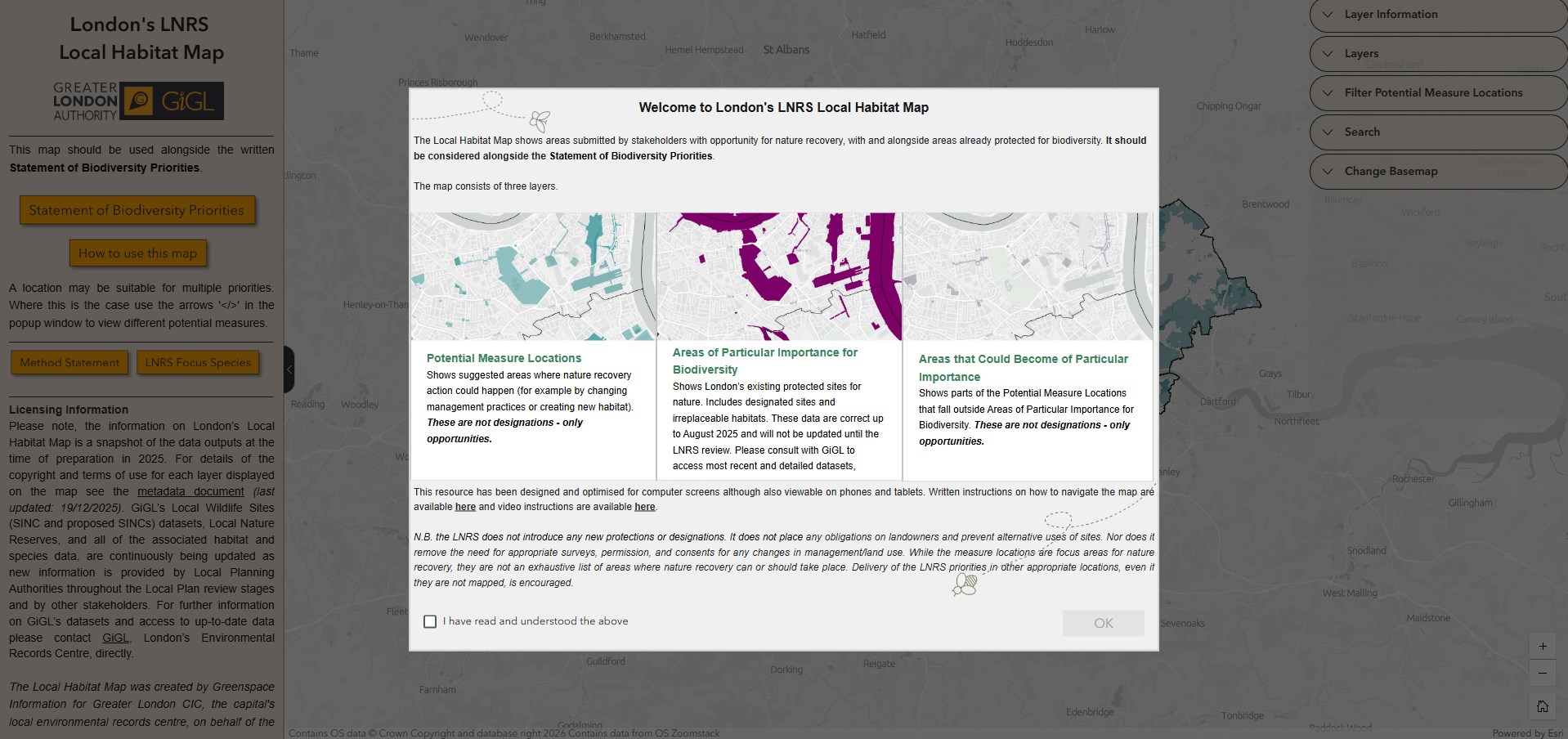The welcome screen of London's LNRS Local Habitat Map. It includes screenshots of the three different layers of the map and provides additional information about the layers, the consultation and LNRS.