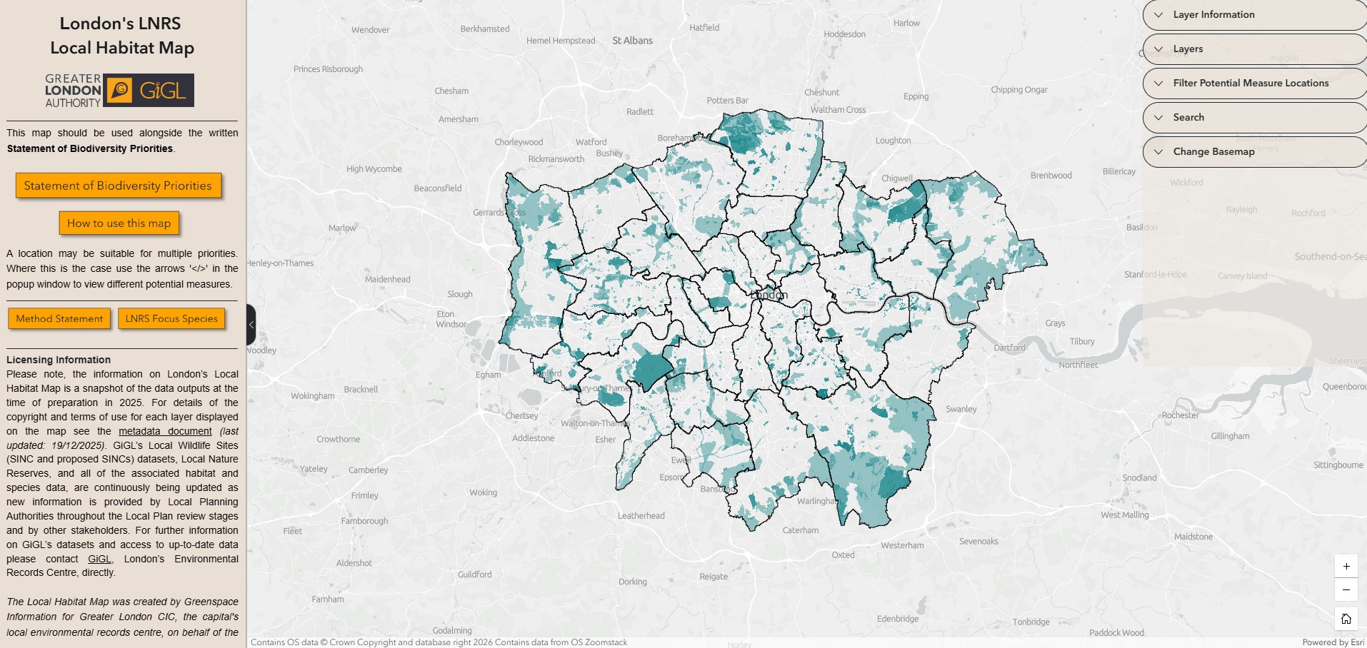 London's LNRS Local Habitat Map. The online map's features provide further information and options to explore the map.
