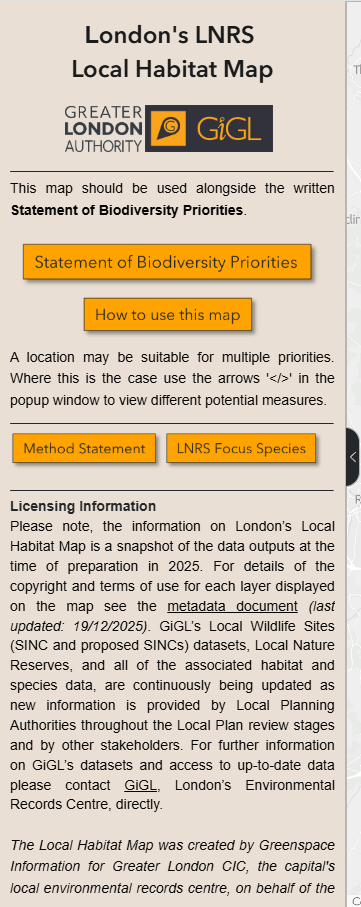 The panel with additional information located on the left of the map.